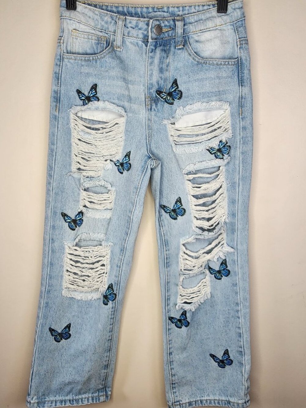 SHEIN Teen Distressed Jeans - Blue Butterfly Print, Size 8-9Y